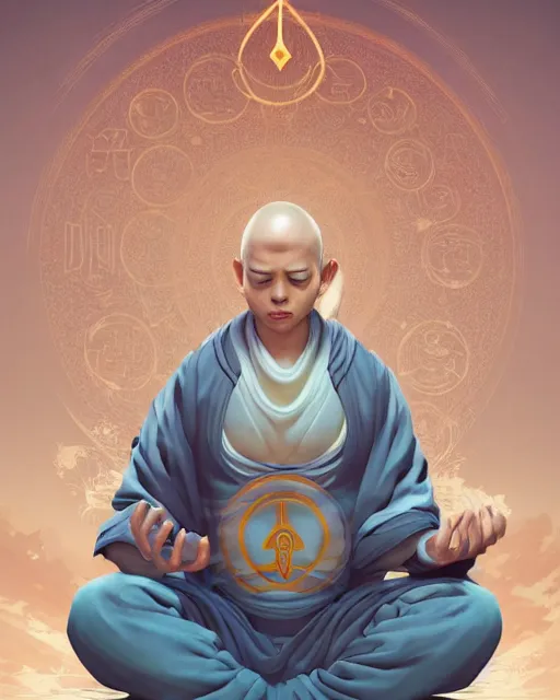 Image similar to a monk floating while meditating and wrapped in sacred scrolls, smooth, intricate, elegant, digital painting, artstation, power runes, pulsing energy, concept art, sharp focus, octane render, illustration, art by shintaro kago and josan gonzalez, overwatch character,