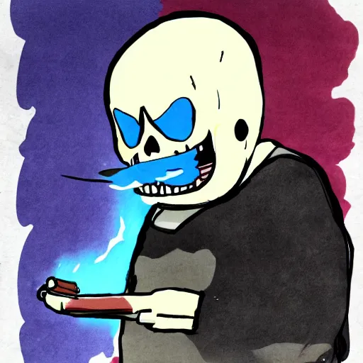 Image similar to Sans from Undertale smoking these meats, Drawn by a 1st grader