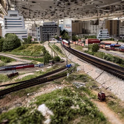 Image similar to a huge model railroad scene of an abandoned city, empty cars, overgrown buildings, zeiss 1 8 mm prime,
