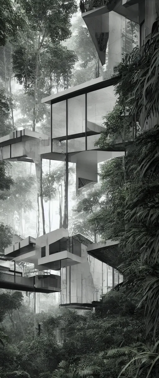 Prompt: architecture inspired by le corbusier in the rainforest. nature is taking over. upside down. metabolism. octane render. global illumination. atmospheric. photorealistic. color scheme black and white.