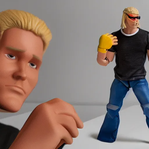 Image similar to action figure of a skinny blonde male wrestler wearing a vr headset and wearing a t - shirt and jeans, high detail, realistic,