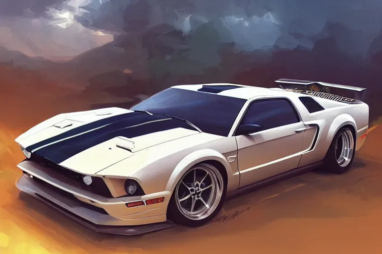 Prompt: ford mustang + countach, highly detailed, digital painting, artstation, concept art, sharp focus, illustration, art by artgerm and greg rutkowski and alphonse mucha