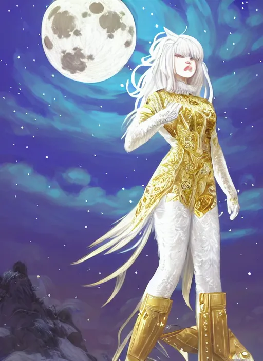 Image similar to commissioned full body portrait of a female anthro werewolf fursona with white hair wearing a white and gold chinese armored dress in a white and gold palace on a starry night with a large rescent moon, by a professional manga illustrator, Stanley Artgerm Lau, WLOP, Rossdraws, James Jean, Andrei Riabovitchev, Marc Simonetti, and Sakimichan, trending on artstation