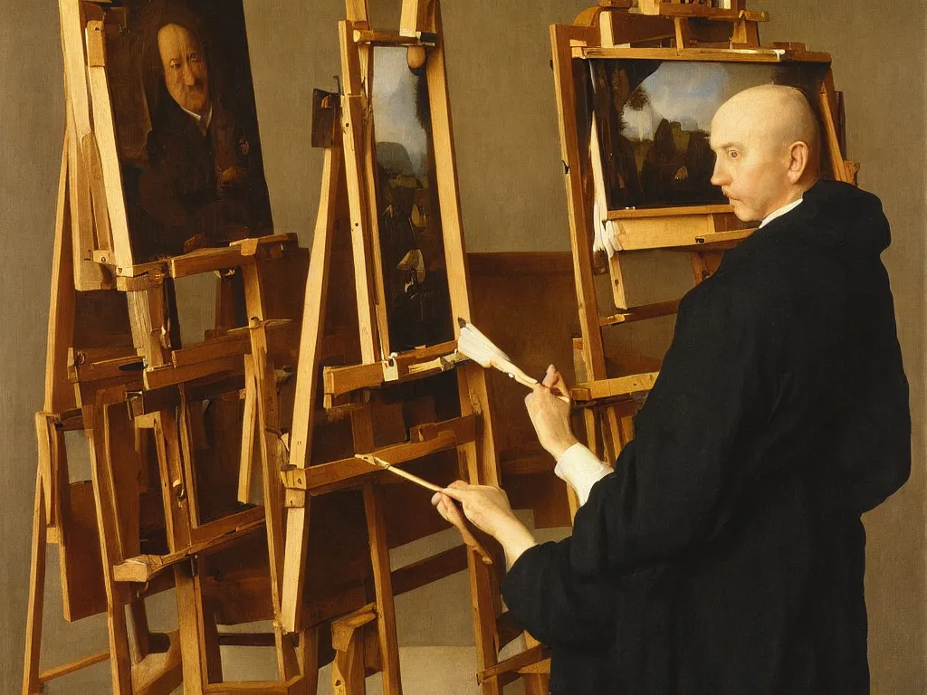 Image similar to portrait of a painter at his easel, canvas. painting by jan van eyck, august sander.