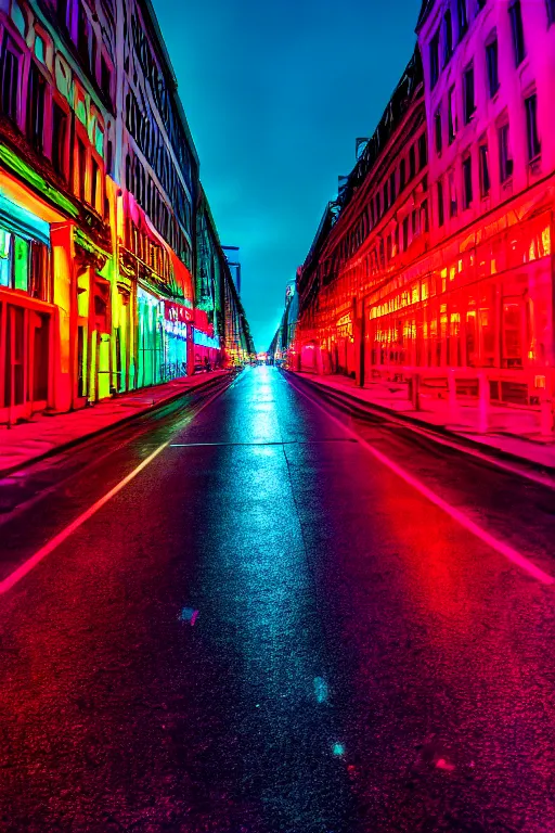 Prompt: neon streets of berlin, 4 k, award winning photo