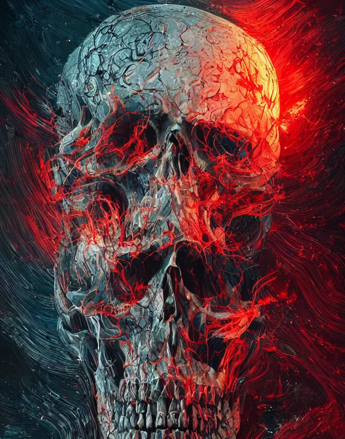 Image similar to portrait of a melting skull. intricate abstract. sharp teeth. delicate artwork. by Tooth Wu, wlop, beeple, dan mumford. octane render, trending on artstation, greg rutkowski very coherent symmetrical artwork. cinematic, hyper realism, high detail, octane render, 8k, depth of field, bokeh. chrome accents.