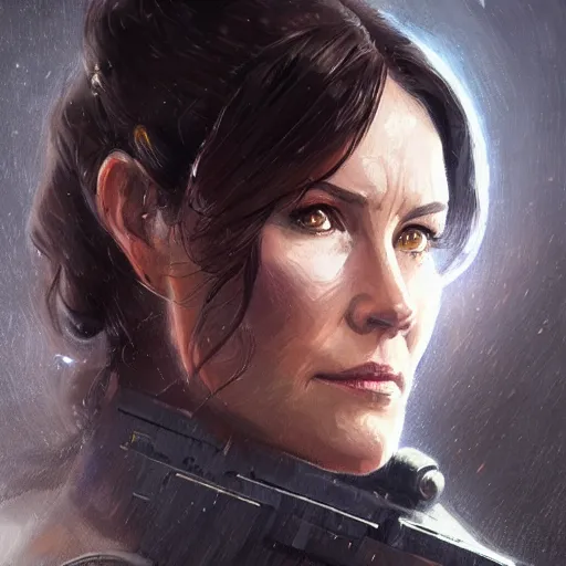 Prompt: portrait of a woman by greg rutkowski, grand jedi master jaina solo, star wars expanded universe, she is about 6 0 years old, wearing the tactical gear of the galactic alliance, highly detailed portrait, digital painting, artstation, concept art, smooth, sharp foccus ilustration, artstation hq