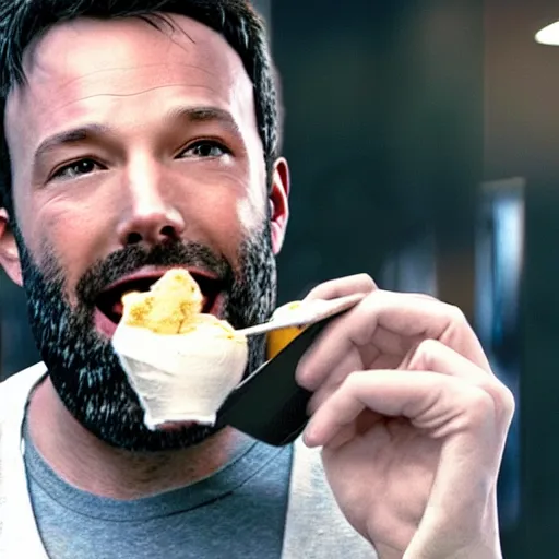 Image similar to A still of Ben Affleck's Batman smiling while eating an ice cream, 4k, ultra realistic, detailed, award winning