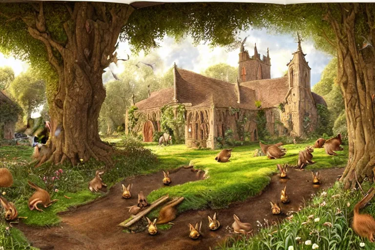 Prompt: an elaborate and dense painting of redwall abbey in mossflower wood with lots of mice and rabbits and otters walking around, detailed by brian jacques and jean baptiste monge