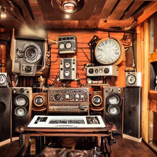Prompt: a steampunk record studio, cinematic light,