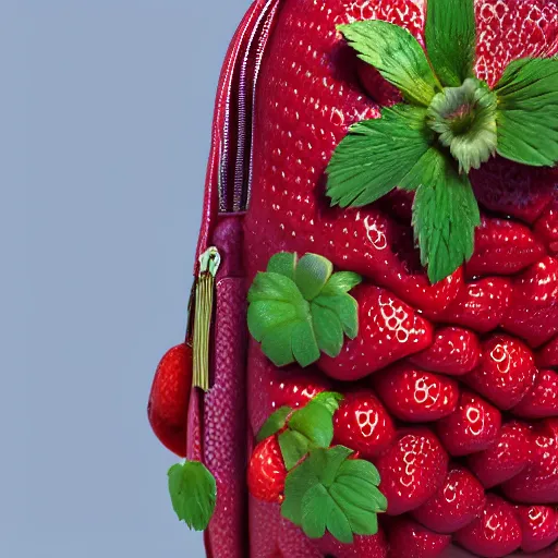 Prompt: a backpack in strawberry!!!!!!!!! fruit shape, digital art, artgem, octane render, artstation, hasselblad photo, 4 k resolution, fashion design, product photo, product design, vivid colorful background, strawberry