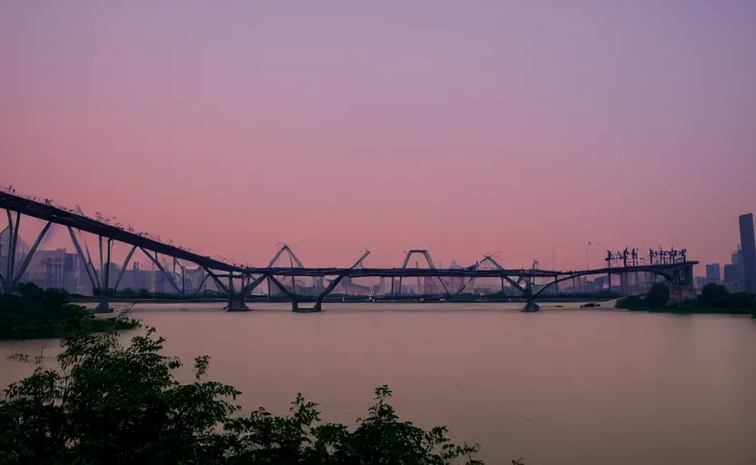 Image similar to a photo of wuhan yangtze river bridge, sunset, cinematic, 8 k, highly - detailed