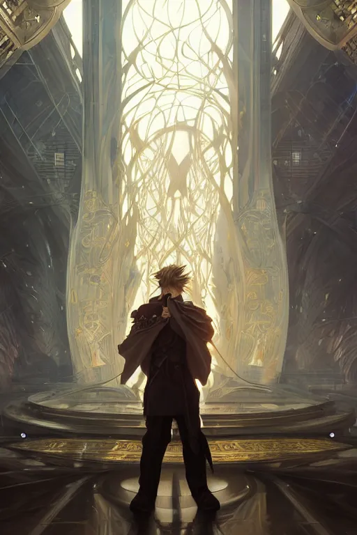 Prompt: portrait of a man with modern hairs, soft smile, final fantasy, league of legends champion, strong iridescent light, by chengwei pan and sakimichan and greg rutkowski and alphonse mucha, gradient white to gold, in front of a magical building background, highly detailed portrait, digital painting, smooth, focus illustration