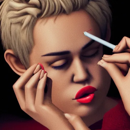 Image similar to Miley Cryus smoking a cigarette, 8k, realistic, extreme details, detailed, sharp, smoke