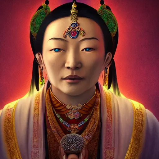 Image similar to centered detailed portrait and body of a tibetan saint, realistic character concept, identical eyes, gazing eyes, elegant pose, fantasy, illustration, slender symmetrical face and body, artstation, cinematic lighting, hyperdetailed, cgsociety, 8 k, tom richmond, single face, octane render, golden ratio, postprocessing, cartoon