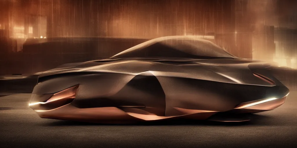 Image similar to a design of a futuristic coupe, designed by Polestar, blade runner background, stained antique copper car paint, black windows, dark show room, dramatic lighting, hyper realistic render, depth of field