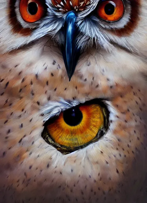 Prompt: realistic portrait beautiful painting of indonesia owl, triple eye pupil. full body, fine art, sinister, trending on artstation, smooth draw, sharp focus, digital art, bright colors, fine draw, perfect lighting, high render, high resolution.