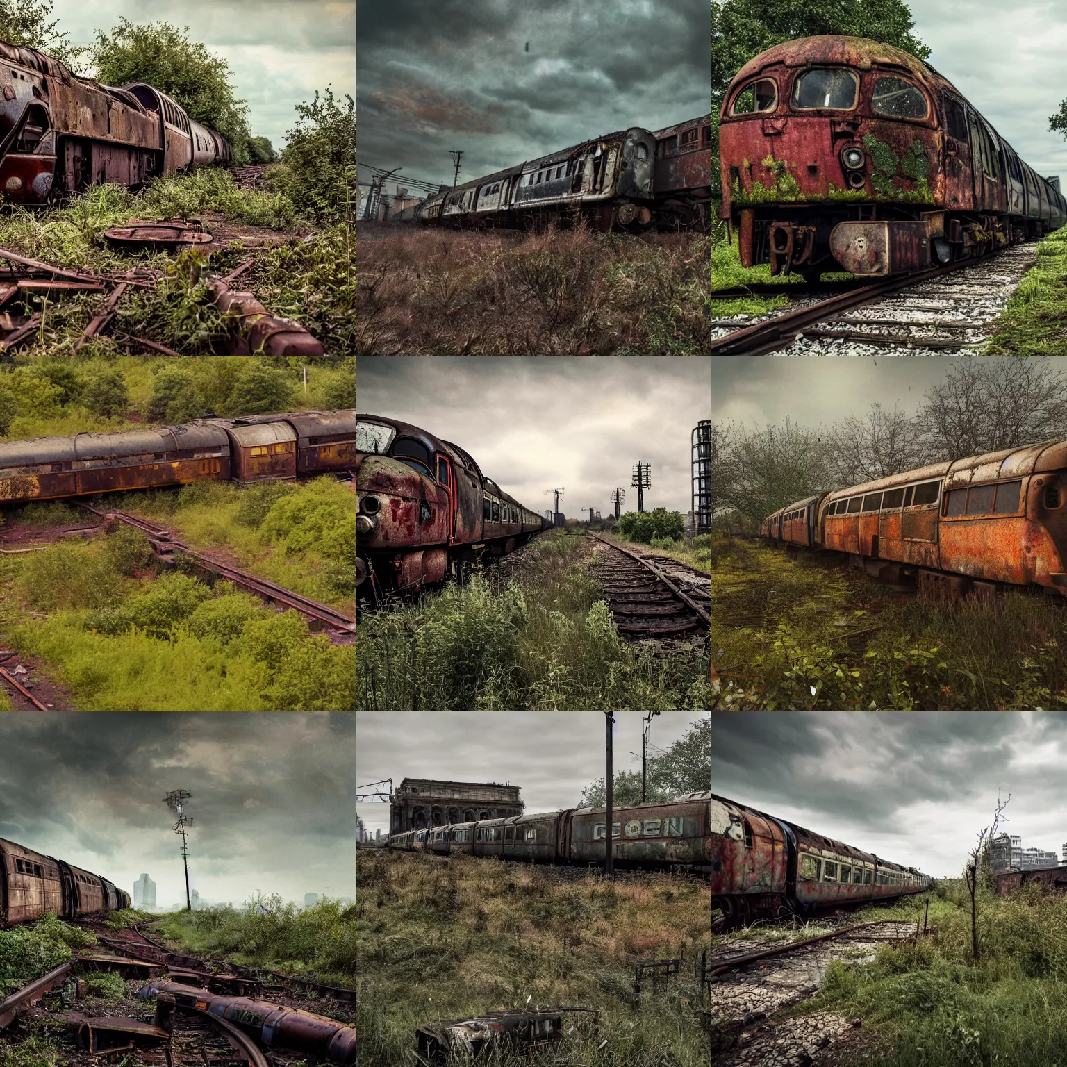 Prompt: A post-apocalyptic overgrown abandoned ruined London, with a rusted train in the foreground, detailed, 4k, award winning photography