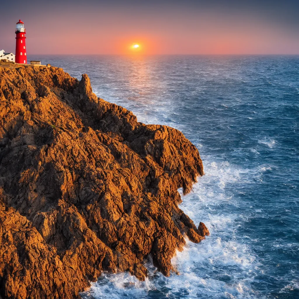 Image similar to a beautiful lighthouse on a cliff, rough sea, ultra realistic sunset, 8k