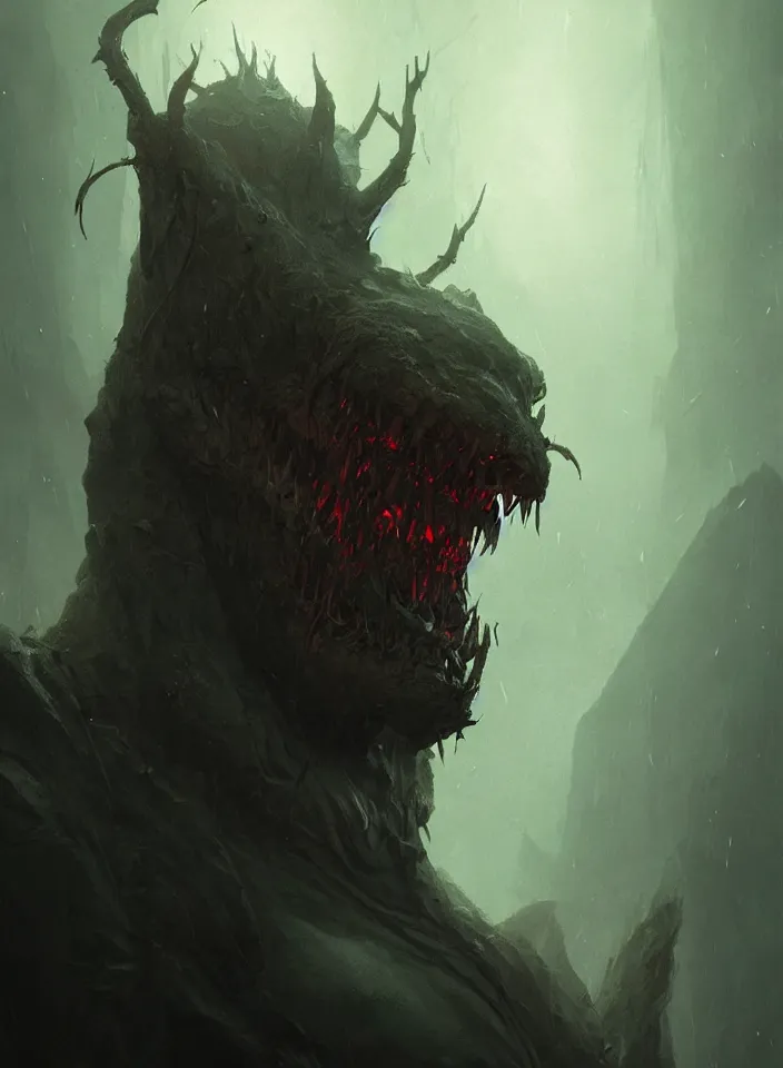 Prompt: a close portrait of a creature invoking fear, art by greg rutkowski, horror setting, dark lighting, matte painting, trending on artstation, very detailed