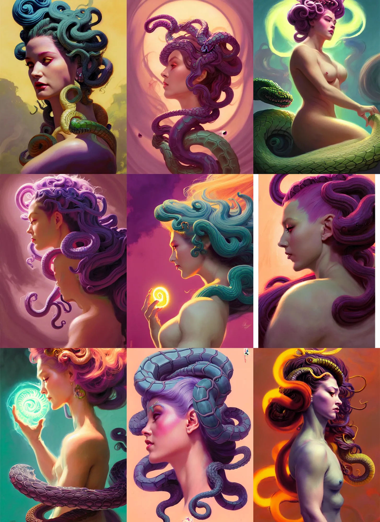 Prompt: side profile, medusa, evil monstrous creature, gloomhaven, haunting, snake hair, colorful swirly magic ripples, pastel colors, by greg manchess, huang guangjian, gil elvgren, sachin teng, greg rutkowski, jesper ejsing, ilya kuvshinov