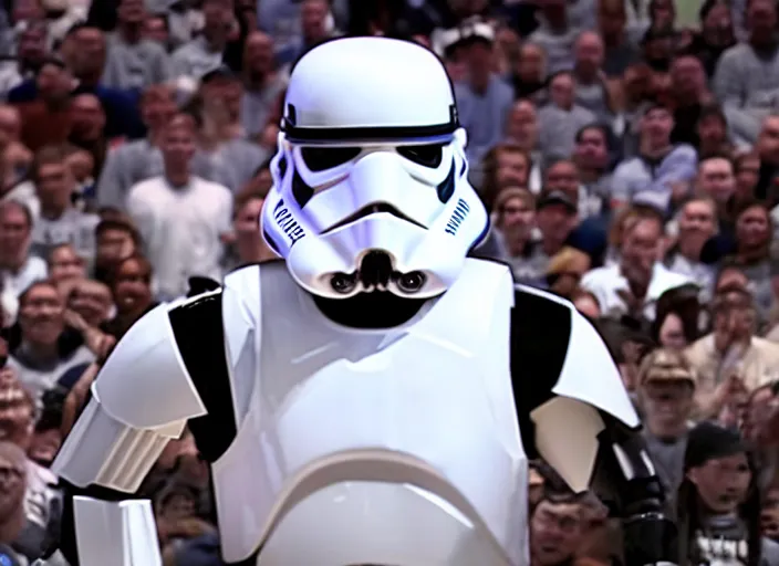 Image similar to ESPN still of Storm trooper playing in the nba playoffs live on espn, 4k