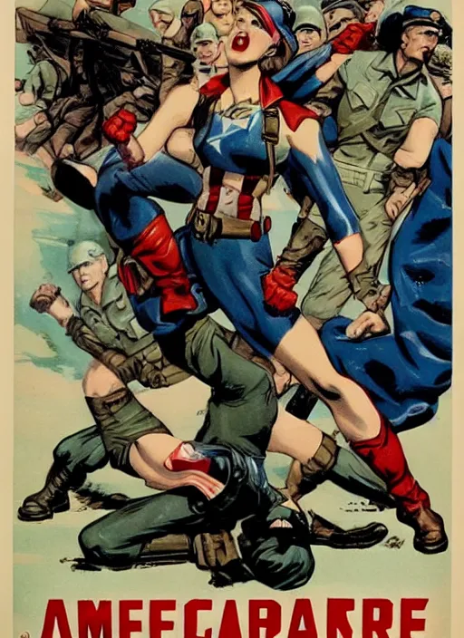 Image similar to beautiful female captain america standing on a pile of defeated, beaten and broken german soldiers. feminist captain america wins wwii. american wwii propaganda poster by james gurney. gorgeous face. overwatch. ralph bakshi