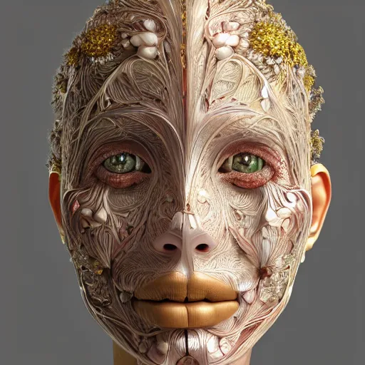 Prompt: beatifull face portrait of a woman, 150 mm, anatomical, flesh, flowers, mandelbrot fractal, facial muscles, veins, arteries, intricate, golden ratio, full frame, microscopic, elegant, highly detailed, ornate, ornament, sculpture, elegant , luxury, beautifully lit, ray trace, octane render in the style of peter Gric , alex grey and Romero Ressendi