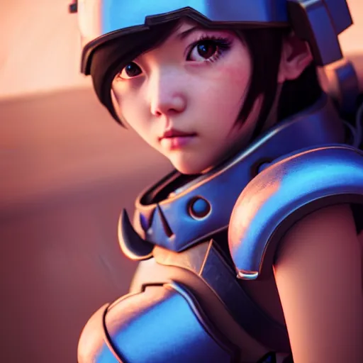 Image similar to a young girl with the appearance and armor of mei from overwatch, design, octane render, 4 k, ingame shot