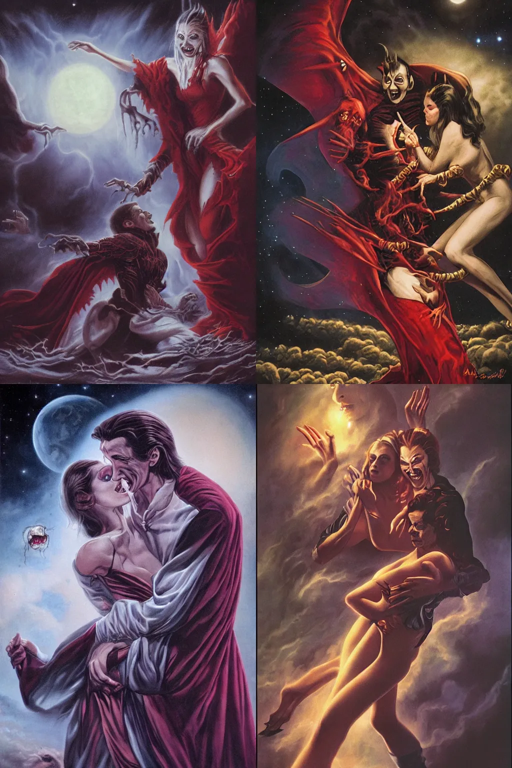 Prompt: elegant dracula from space, bitting a woman's neck, soft lighting, mysterious atmosphere, hyper realistic, hyper detailed, fine clothing, handsome, jeff easley,