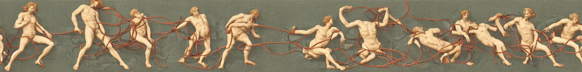 Image similar to long line-up of laocoon and his sons struggling with color coded network cabling, intertwined full body view, colorized postcard photography, white background