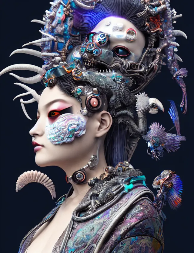 Image similar to 3 d goddess close - up profile portrait cyberpunk with ram skull. beautiful intricately detailed japanese crow kitsune mask and clasical japanese kimono. betta fish, jellyfish phoenix, bio luminescent, plasma, ice, water, wind, creature, artwork by tooth wu and wlop and beeple and greg rutkowski