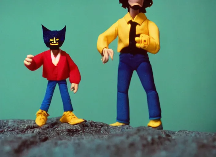 Image similar to 1 9 8 0 s cinematic screenshot cinestill portrait of a stop motion claymation film about a wacky adventure starring wolverine, shallow depth of field, 1 8 mm, f 1. 8