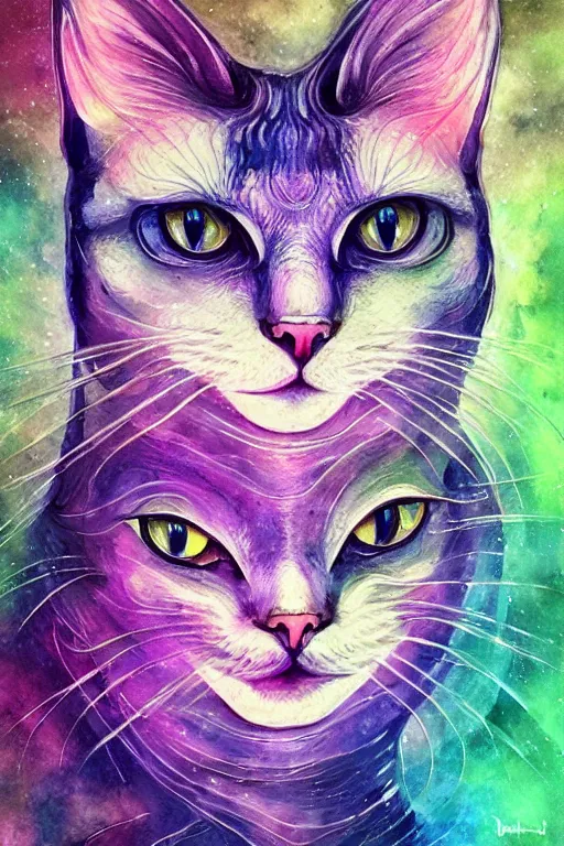 Prompt: portrait of an ethereal cat, modern fine art, lithe, dreamscape, intricate, elegant, subsurface scattering, highly detailed, pop art painting, organic acrylic flow art, psychedelic surreal art, acrylic art, watercolor, artstation