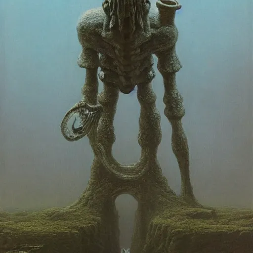Prompt: squidward as a shadow of the colossus boss by zdzisław beksiński