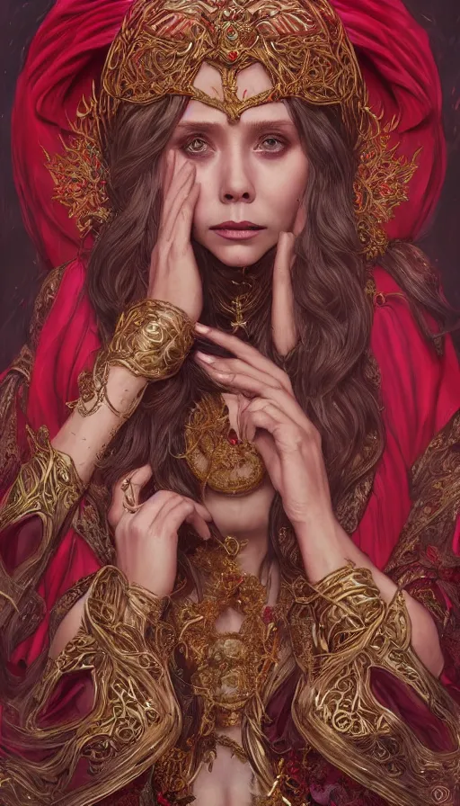 Prompt: Elizabeth Olsen as a sorceress , passionate , seductive, sweaty, intricate dressed in ornate red robes and staff, insane, intricate, highly detailed, digital painting, artstation, concept art, smooth, sharp focus, illustration, Unreal Engine 5, 8K, art by artgerm and greg rutkowski and alphonse mucha