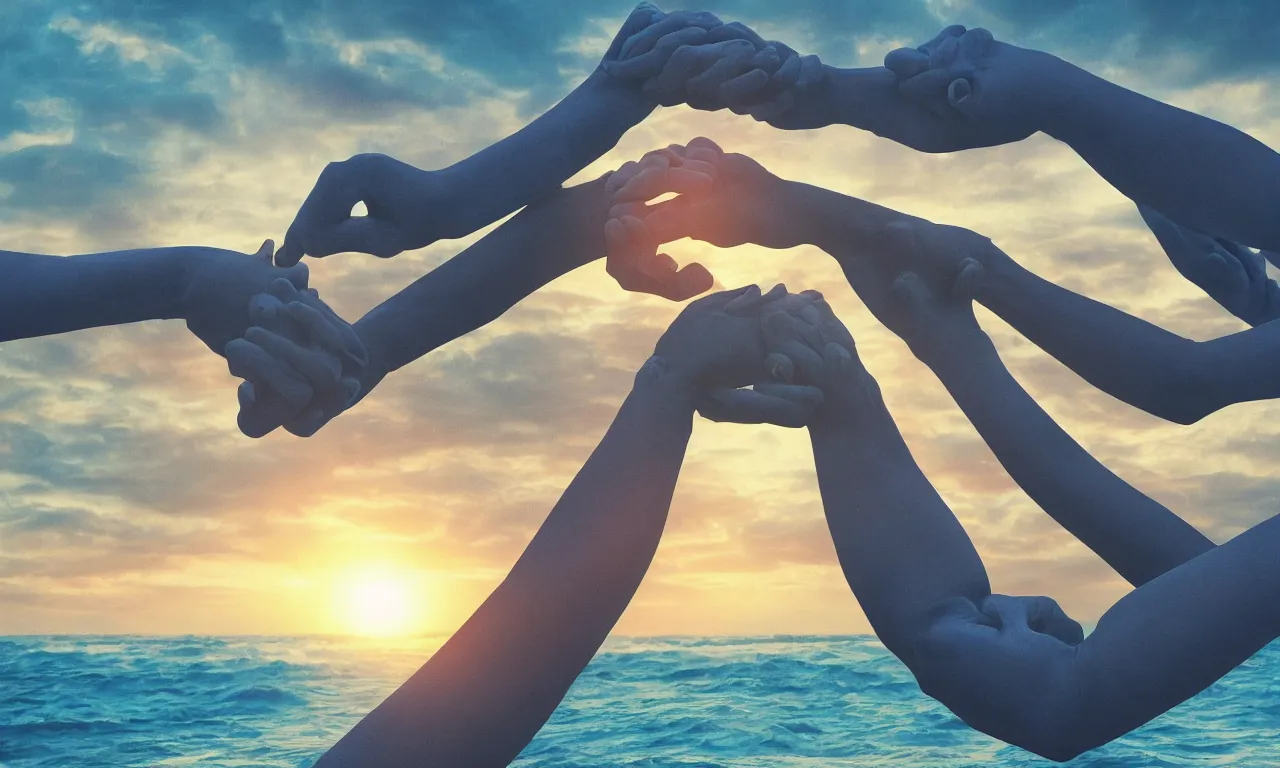 Prompt: digital illustration of many highly hands arms gripping each other by the forearms, at sunset, in the style trending on artstation, cinematic, expressing the idea of teamwork, ocean spray, dramatic lighting