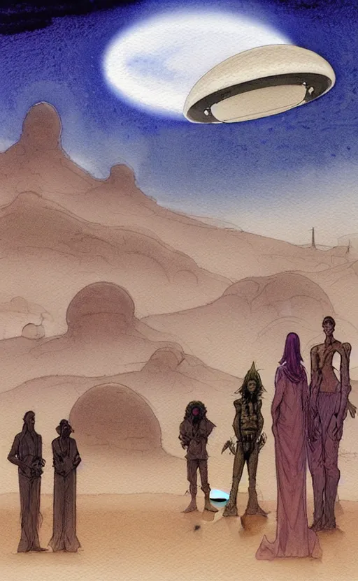 Prompt: a hyperrealist watercolour character concept art portrait of a 1 0 ft. tall thin alien with a high forehead on a misty night in the desert. a small group of people are watching from the foreground. a ufo is in the background. by rebecca guay, michael kaluta, charles vess and jean moebius giraud