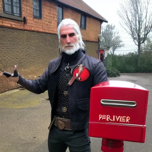 Image similar to real life geralt of rivia working as a postman