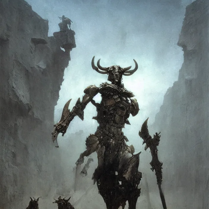 Prompt: minotaur in ancient armor concept, beksinski, ruan jia, trending on artstation