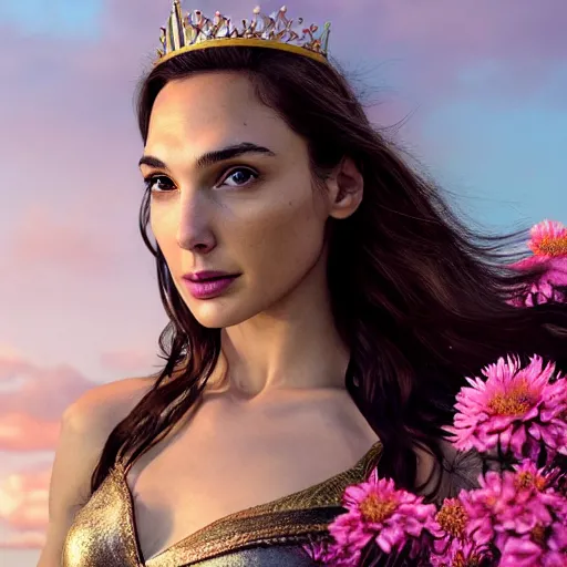 Prompt: fine art photo of the beauty gal gadot, she is posing while maintain a sweet eye contact to the camera, she has a crown of flowers, the photo was taken at sunrise with a bokeh effect, by ellie victoria gale, photorealistic, matte painting, hyper realistic, 4 k, 8 k, cinematic composition, hd, highly detailed, trending on artstation