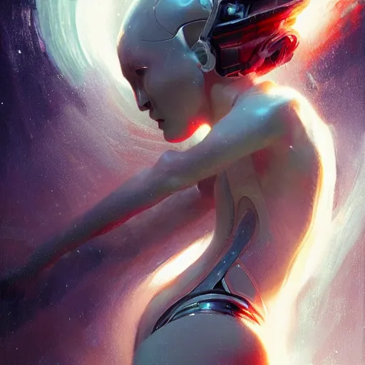 Prompt: galaxy surfing stunning cyborg, expressive oil painting, by yoshitaka amano, by greg rutkowski, by jeremy lipking, by artgerm,, h e giger, digital art, octane render