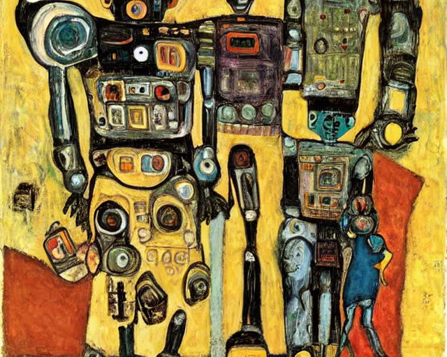 Prompt: a painting of a robot family by graham sutherland, egon schiele, neo - expressionism