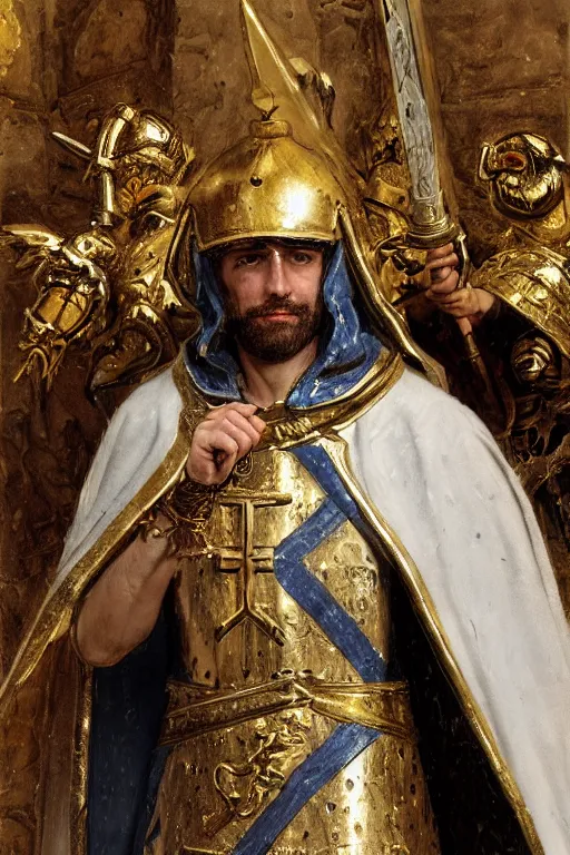 Prompt: man in decorated with gold in baroque style crusader armor, helmet and white cape with cross on it standing at the gates of jerusalem drawn by greg rutkowski realistic high detail