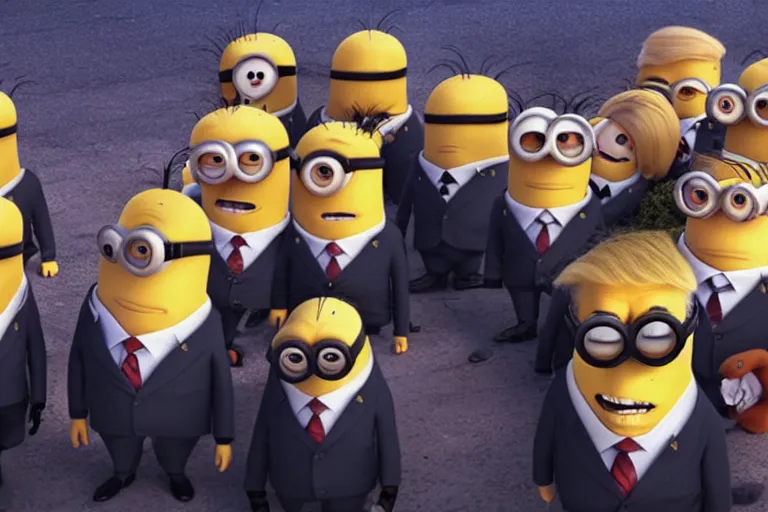 Prompt: donald trump as gru, being followed by minions, movie still