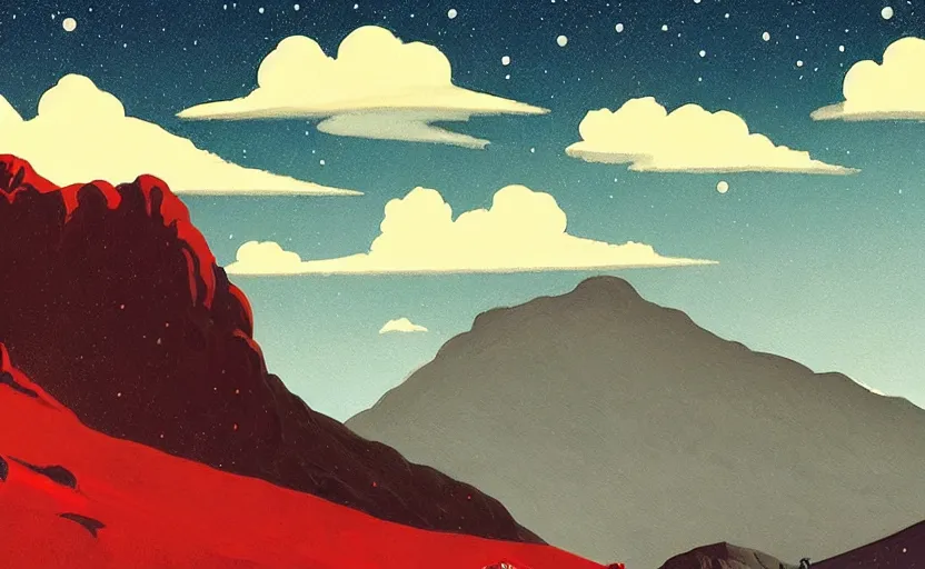 Prompt: mountains, stars and paisley filled sky, artstation, intricate, highly detailed, digital painting, concept art, sharp focus, illustration by Edward Hopper and Tom Whalen