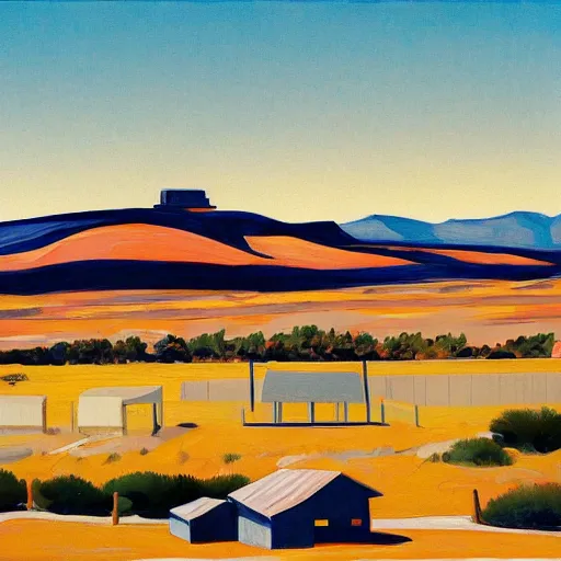 Image similar to motel in a desert rural landscape, painted by Alex Katz and Edward Hopper, airbrush, highly detailed