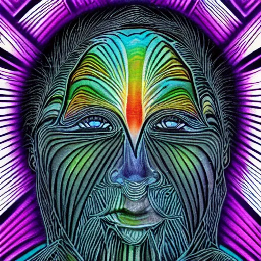 Image similar to A mystical near death experience in the style of Alex Grey