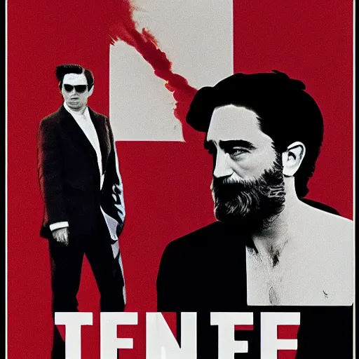 Prompt: movie poster for Tenet in the style of 1960's italian art, with John David Washington and Robert Pattinson