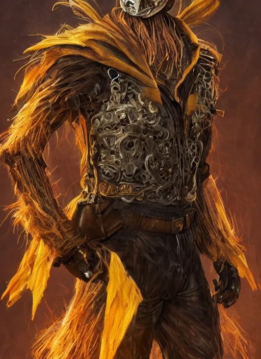 Image similar to powerful male scarecrow, willem dafoe as scarecrow, full body character concept, covered in full leather armor, art nouveau, super powers, fantasy, intricate, elegant, highly detailed, digital painting, artstation, concept art, shining, sharp focus, illustration, art by stanley lau